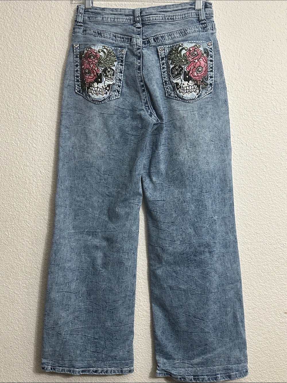 Telepatia Mid Rise Wide Leg Jeans Skull Embroidered Women’s Size 13